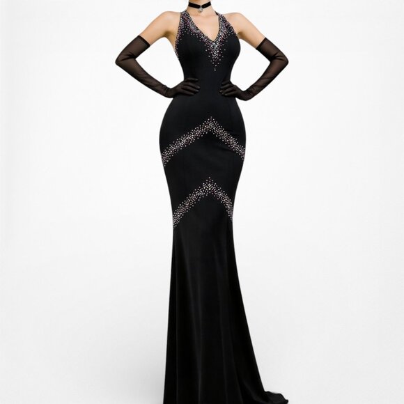 Vintage Y2K 90s Black Purple V-Neck Beaded Bodycon Maxi Formal Prom Dress Size M - Picture 2 of 8